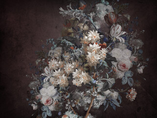 Beautiful bouquet of 3D kaiwts, painted with oil paint on the background of a concrete wall with cracks. Oil painted. 
