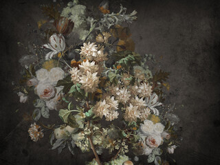 Beautiful bouquet of 3D kaiwts, painted with oil paint on the background of a concrete wall with cracks. Oil painted. 