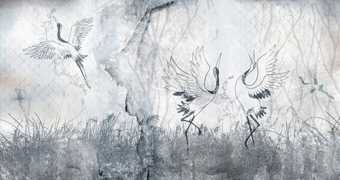 Cranes dancing in the grass on the background of a concrete wall. Navy blue texture for wallpaper