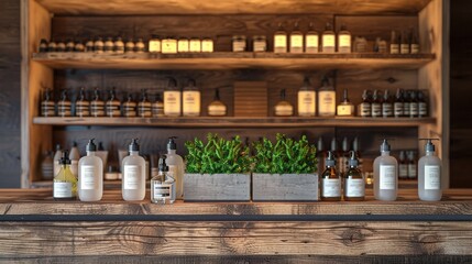 A beautiful wooden cabinet with candles and various body care products, illuminated with warm light, creates an atmosphere of calm and relaxation in the style of Japanese minimalism.