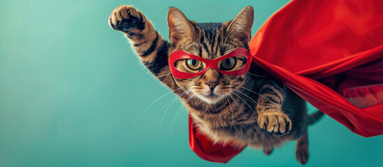 Tabbycat dressed as a superhero, flying with a red mask and cape against a turquoise background. Adorable feline in a dynamic pose, resembling a comic book hero