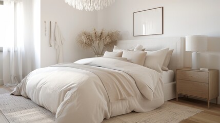 Cozy Bedroom with Neutral Decor and Statement Chandelier Generative AI
