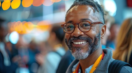 Blurred face of an individual at a crowded business event with colorful lights