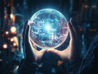 Fototapeta premium Hands holding a glowing futuristic sphere with digital networks, symbolizing advanced technology and innovation in a dark background.