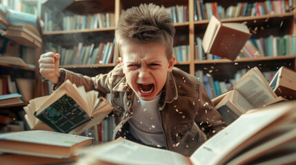Angry irritated kid in a classroom, throwing books