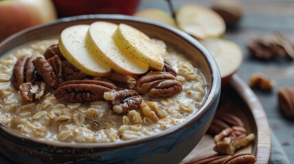 Oatmeal with bananas, walnuts and cinnamon in a bowl on a black background, with apple slices scattered on the plate, top view. The texture of the grains is visible.