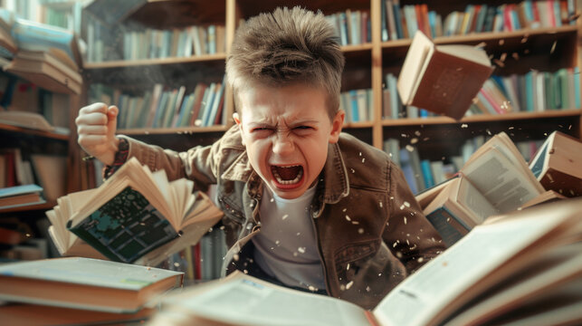 Angry irritated kid in a classroom, throwing books