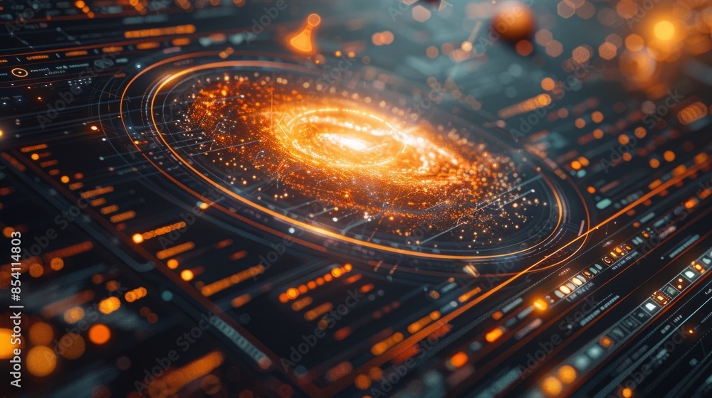 Leinwandbilder An abstract image of a digital interface with a glowing orange spiral at the center.