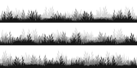 Meadow silhouettes with grass, plants on plain. Panoramic summer lawn landscape with herbs, various weeds. Herbal border, frame. Nature background. Black horizontal banner. Vector illustration