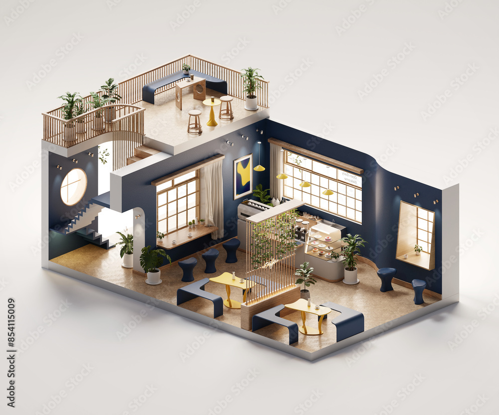 Poster isometric room minimal cafe store open inside interior architecture 3d rendering