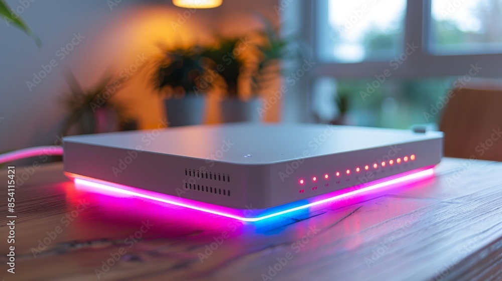 Poster a stylish network router emitting multicolored led lights, indicating activity and connectivity