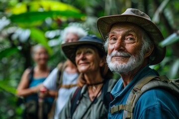 Fototapeta premium Senior Group Hiking in Lush Jungle 