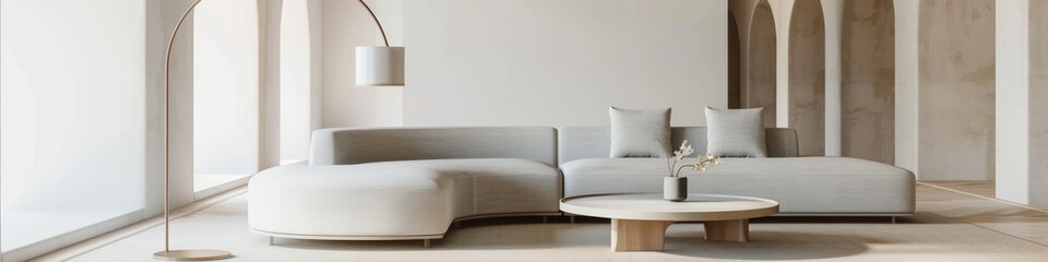 Modern Living Room with Crescent Shaped Sofa Generative AI