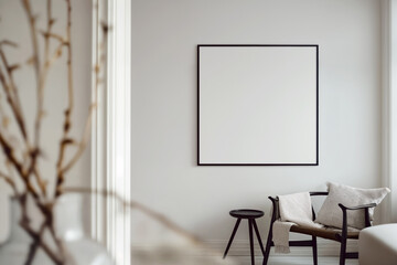 Mockup of frame for square poster in the living room interior. Minimalistic apartment design: Light gray interior with a poster frame. Laconic apartment design: light room with beige accents