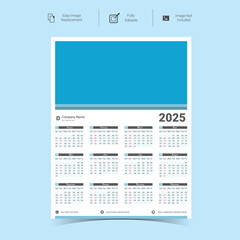 Corporate wall Calendar Template Design for 2025.Set of single pages calendar vector design with  print template