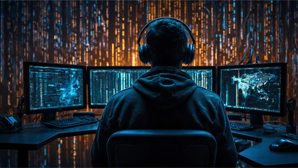 A technologically advanced hacker, surrounded by swirling streams of binary code and holographic screens displaying intricate algorithms, sits at a sleek console in a dimly lit room.