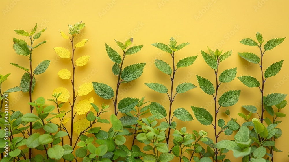 Poster a close-up image of green plant branches arranged in a row against a bright yellow background.
