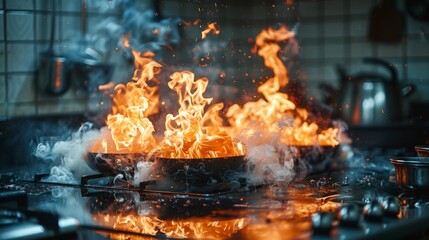 A dramatic stock photo showcasing a dangerous fire engulfing a pan on a domestic stove, with sparks and smoke rising