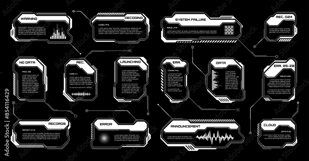 Poster White futuristic HUD, UI elements. Sci-fi user interface text boxes, callouts. Warning message frames, information boxes template. Modern game interface layout in digital style. Vector illustration