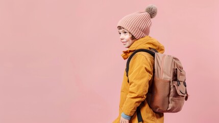 Boy in stylish autumn gear with backpacks on isolated pink background