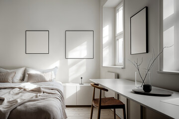 Mockup of frame for square poster in a bedroom interior. Minimalistic apartment design: Light gray interior with a poster frame. Laconic apartment design: light room with beige accents