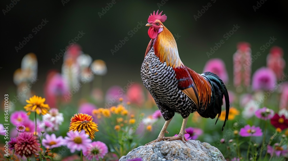 Poster a rooster showcasing intricate feather patterns stands amidst a field of flowers with a blurred back