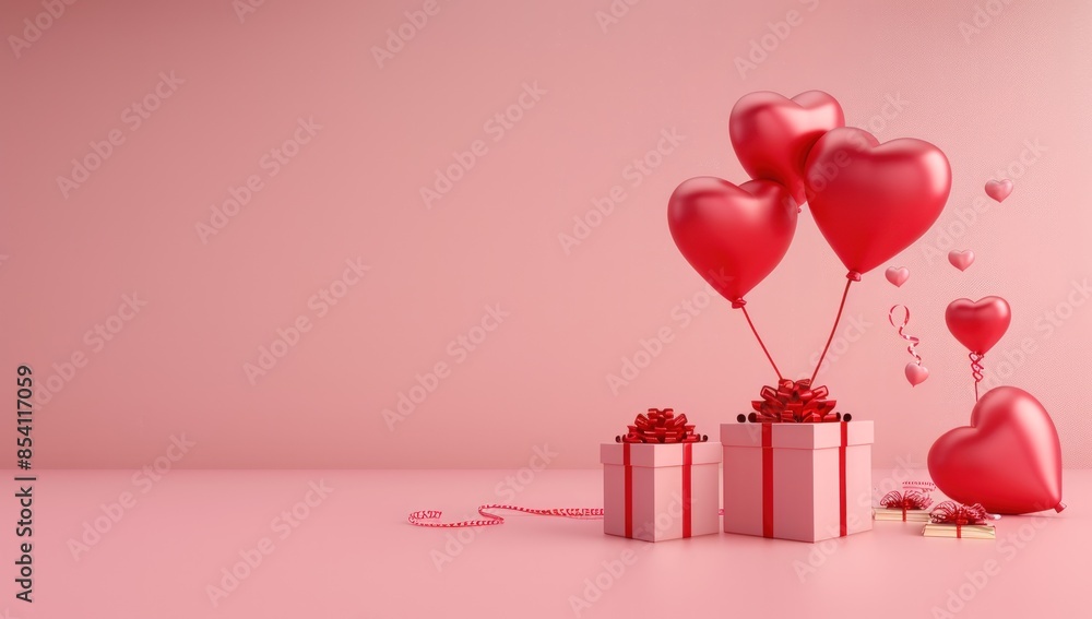 Poster a pink background with a bunch of red balloons and red boxes with hearts on them. generate ai image