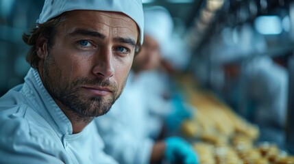 Fototapeta premium Male chef with a contemplative gaze working in a professional kitchen with colleagues in background