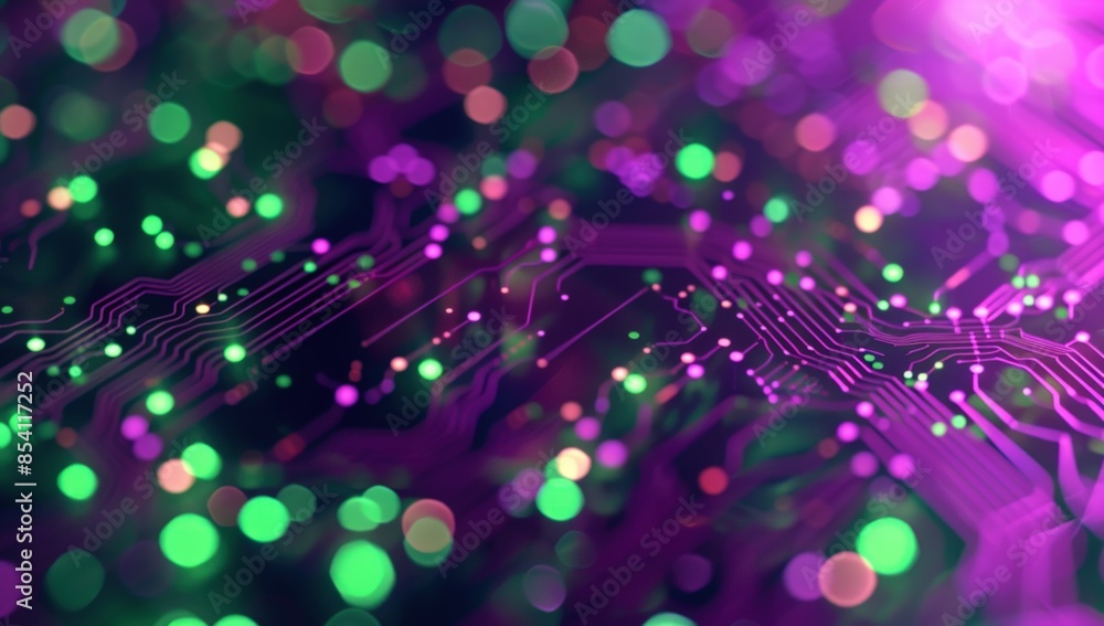 Poster a computer chip with a green and purple background. generate ai image