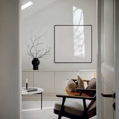 Mockup of frame for square poster in the living room interior. Modern Interior Design: Bright room with poster frame on gray wall. Laconic apartment design: light room with beige accents
