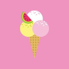 Ice cream cone summer illustration for banners, cards, flyers, social media wallpapers, clothes, girl dress, t-shirts. Food illustration. Cute fruits, food, berry print. Set of ice cream, waffle cone