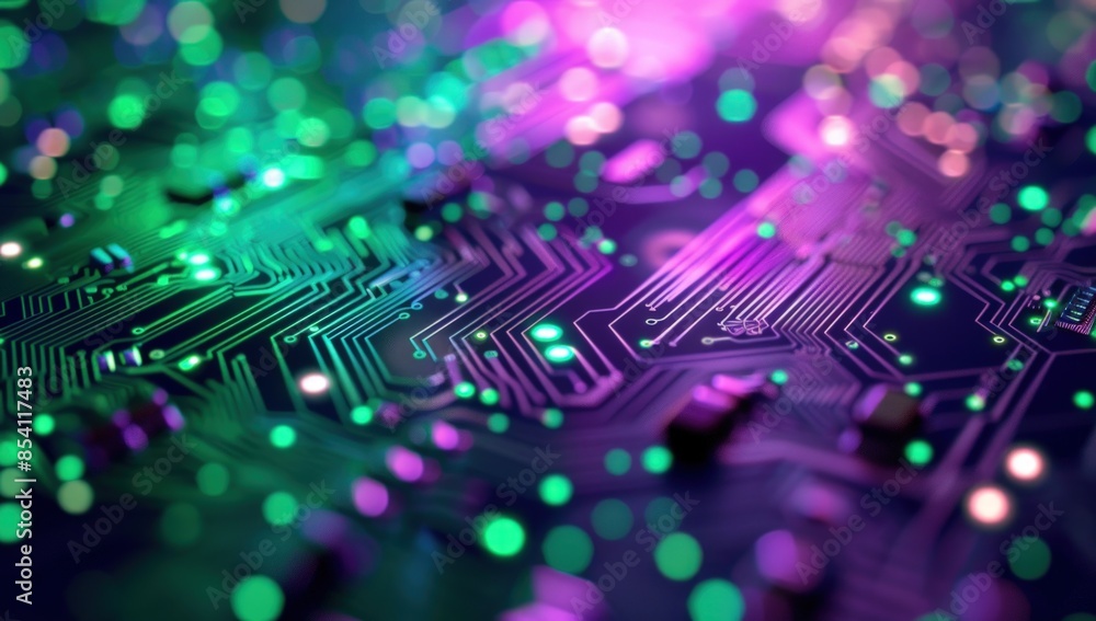Poster a computer chip with a green and purple background. generate ai image