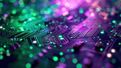 Fototapeta premium A computer chip with a green and purple background. Generate AI image