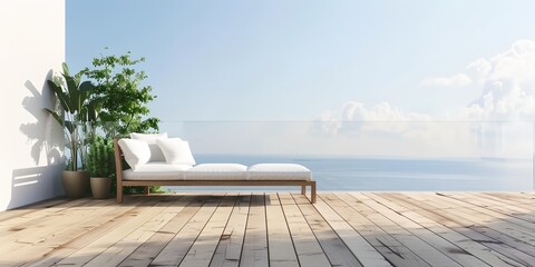 Fototapeta premium a white couch sitting on top of a wooden floor next to a plant and with a view of the ocean