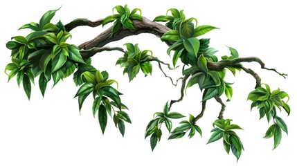 realistic twisted jungle branch with plant growing isolated on a white background