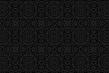 Embossed black background, cover design, banner. Geometric original minimalist 3D pattern. Ethnic ornaments, arabesques, handmade. Boho style of the East, Asia, India, Mexico, Aztec, Peru.