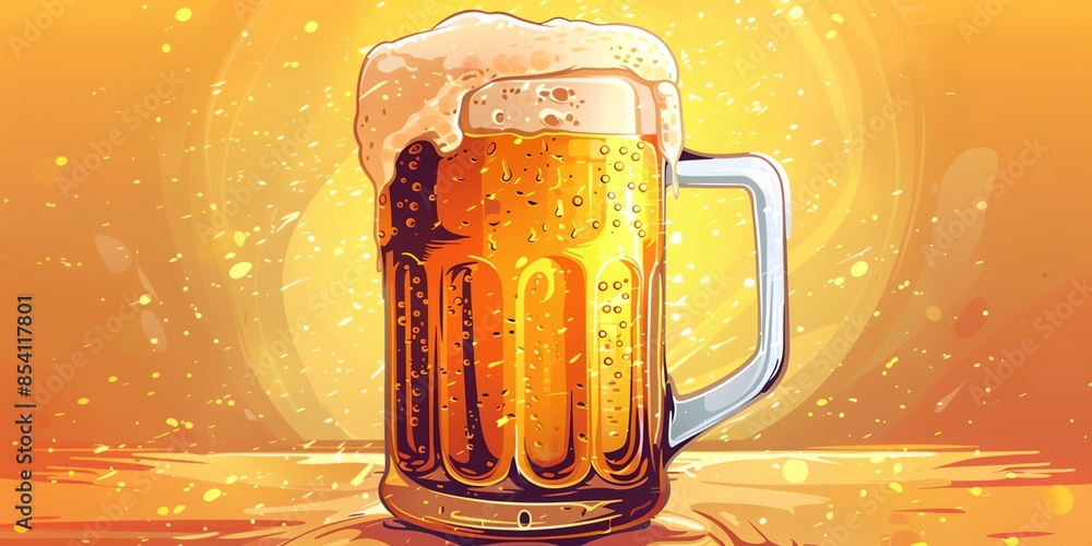 Poster a beer mug with bubbles on a yellow background with a splash around it