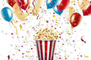 A popcorn stand with a vintage look, surrounded by joyful balloons and confetti. Illustration on a clear white background --ar 3:2 --style raw Job ID: c418e8ef-49f0-4de2-8655-518e4fb0d155