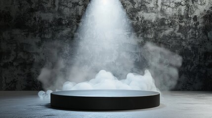 Abstract stage with a black podium, fog and smoke creating a mysterious ambiance, spotlight highlighting the platform, dark floor and concrete wall, ideal for showcasing products