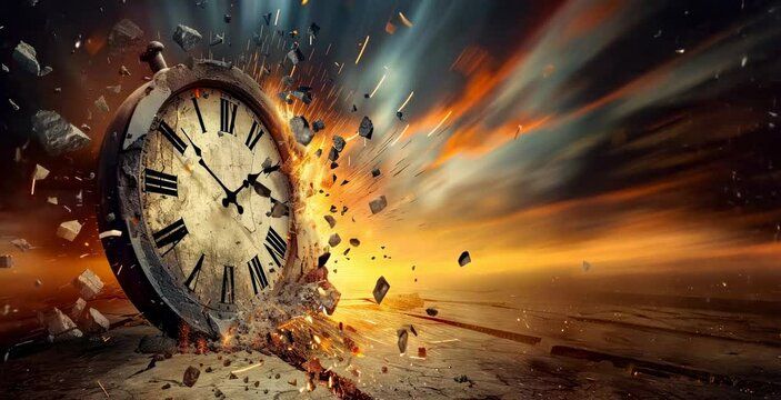 Exploding clock with flying debris