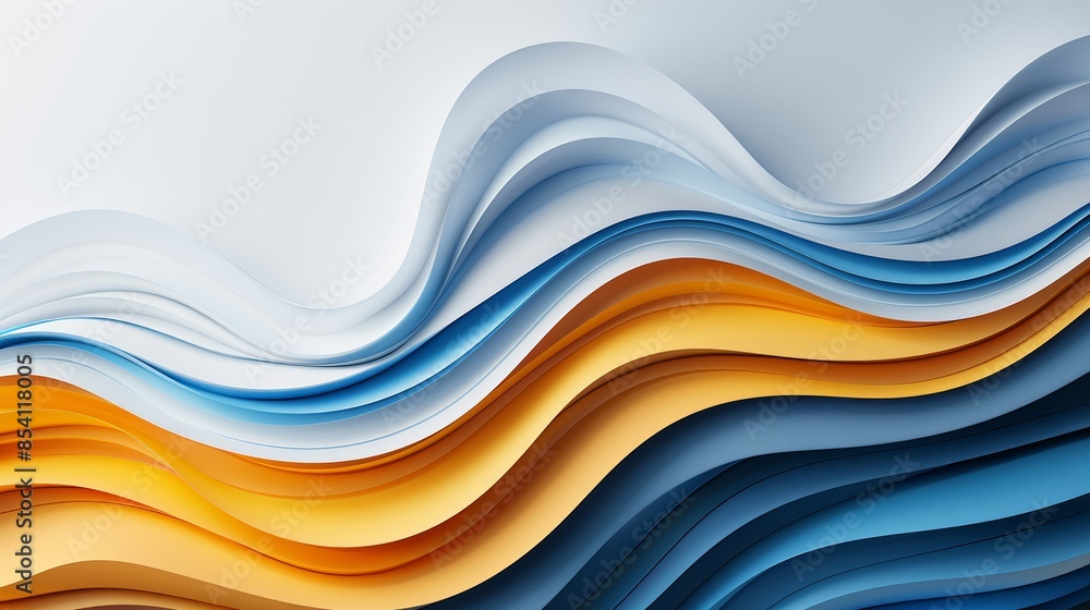 Poster abstract wave pattern with neon blue, white, and yellow gradients, paper cut effect with flowing lin