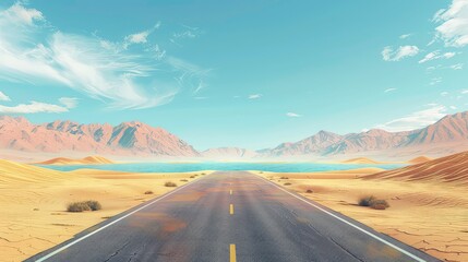 Fototapeta premium Sports and travel background. 3d illustration with cut of the ground and the desert road and the lake.