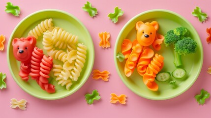 Obraz premium Adorable kids meal featuring colorful veggies and pasta on green animal-shaped plates, playful pink background, combining health and fun in every bite
