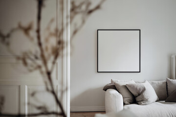 Mockup of frame for square poster in the living room interior. Modern Interior Design: Bright room with poster frame on gray wall. Laconic apartment design: light room with beige accents