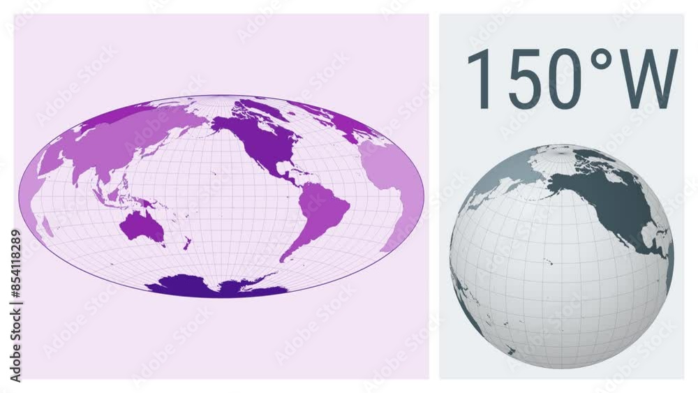 Poster world map animation. aitoff projection. colored continents style. animated world map in aitoff proje