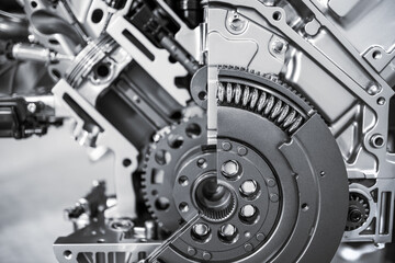 Close up view of shiny new automotive engine.