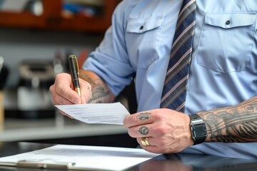 Tattooed hand signing a document with a pen, highlighting the juxtaposition of body art and professional office work, Generative AI