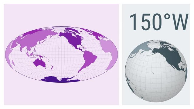 World Map Animation. Aitoff projection. Colored continents style. Animated world map in Aitoff projection. Loopable animation showing longitude shift and matching globe.