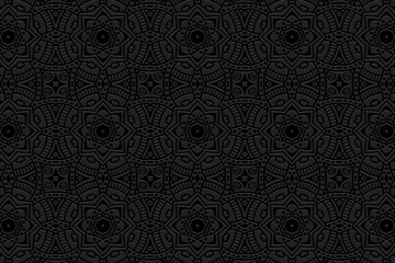 Embossed black background, cover design, banner. Geometric original vintage 3D pattern. Ethnic ornaments, arabesques, handmade. Boho style of the East, Asia, India, Mexico, Aztec, Peru.