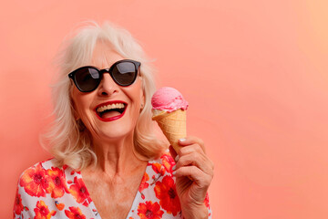 Portrait Of An Attractive Senior Woman With White Hair Wearing Sunglasses Eating An Icecream. Happy Active Senior Woman Against Pink Background With Copy Space. Ai Generated
